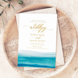 Ocean Waterverf Gold Script Beach Wedding Kaart
