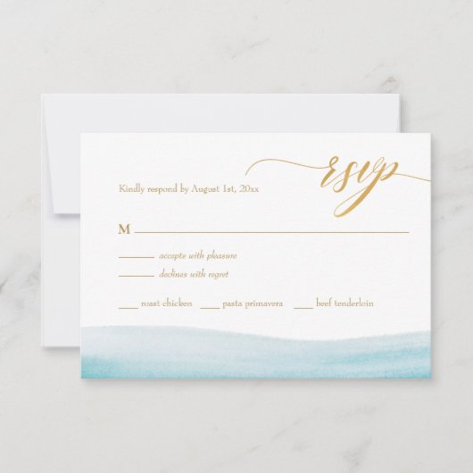 Ocean Waterverf Gold Script Beach Wedding RSVP (Voorkant)