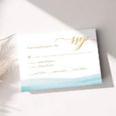 Ocean Waterverf Gold Script Beach Wedding RSVP