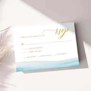 Ocean Waterverf Gold Script Beach Wedding RSVP