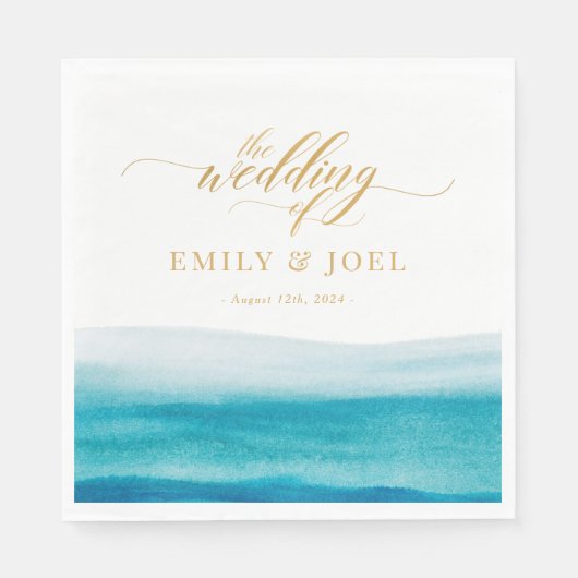 Ocean Waterverf Gold Script Beach Wedding Servet (Voorkant)