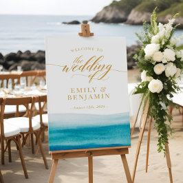Ocean Waterverf Gold Script Beach Weduwen Welkom Poster