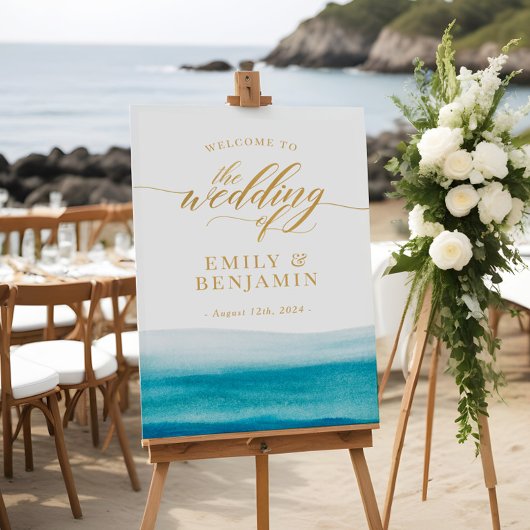 Ocean Waterverf Gold Script Beach Weduwen Welkom Poster