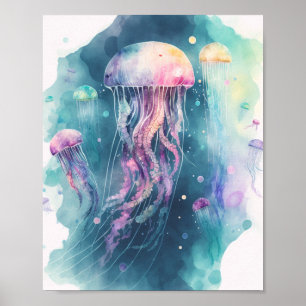 Ocean Waterverf Jellyfish Minimalistisch Art Poste Poster