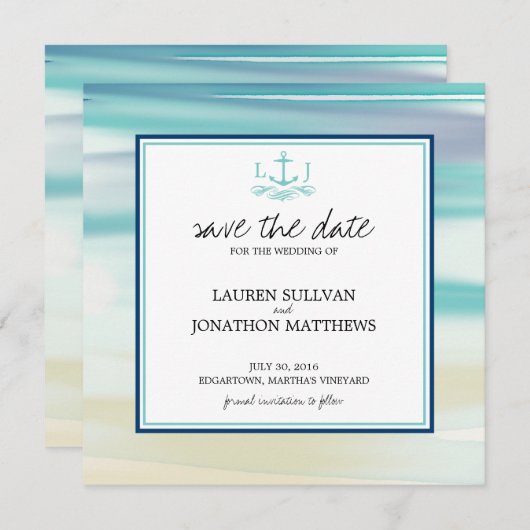 Ocean Waterverf Monogram Anchor sparen de Datum Save The Date (Voorkant / Achterkant)