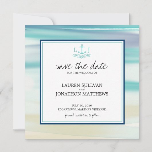 Ocean Waterverf Monogram Anchor sparen de Datum Save The Date (Voorkant)