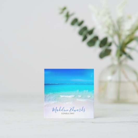 Ocean Wave Beach Blue Scene Modern Monogram Square Vierkante Visitekaartje (Staand voorkant)
