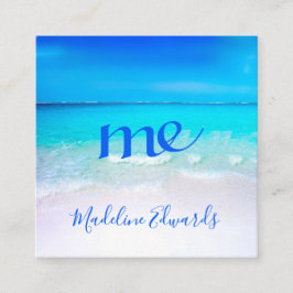 Ocean Wave Beach Scene Blue Modern Monogram Square Vierkante Visitekaartje
