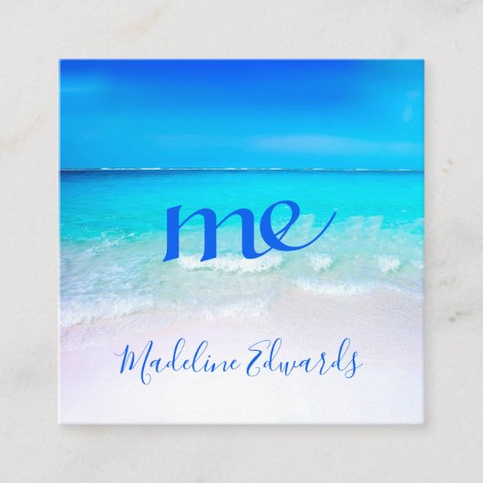Ocean Wave Beach Scene Blue Modern Monogram Square Vierkante Visitekaartje (Voorkant)