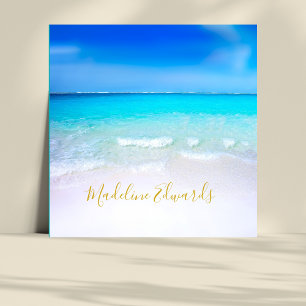 Ocean Wave Beach Scene Gold Modern Monogram Square Vierkante Visitekaartje