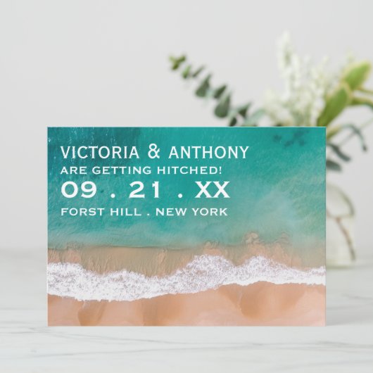 Ocean Wave, Beach Wedding Save The Date (Staand voorkant)