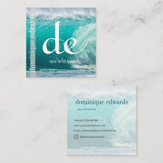 Ocean Wave Blue Business Monogram Vierkante Visitekaartje (Voorkant / Achterkant)