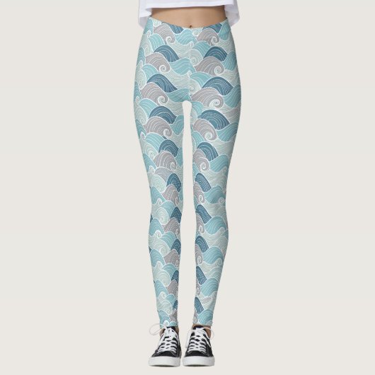 Ocean Wave Blue Grey Leggings (Voorkant)