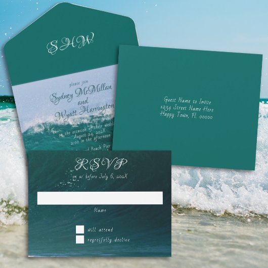Ocean Wave Deep Zee Green Wedding All In One Uitnodiging