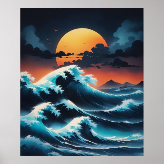 Ocean Wave Sunset Azië Stijl Poster (Voorkant)