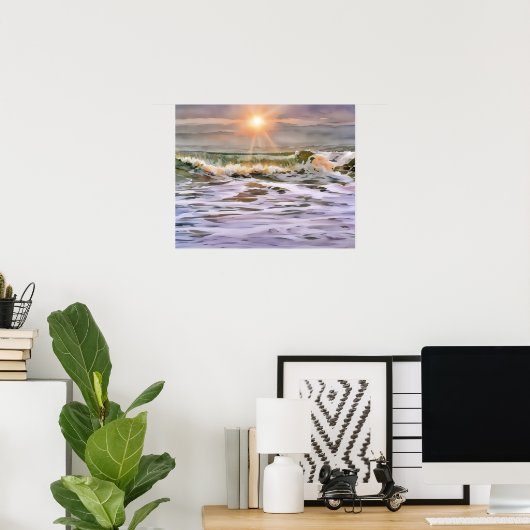 Ocean Wave Sunset Illustrated Art Poster (Thuiskantoor)