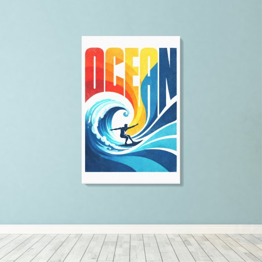 OCEAN Wave Surfer – Retro Surf Lifestyle Art Canvas Afdruk (Insitu (Houten vloer))