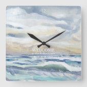Ocean Wave Waterverf Strand Kustwoning Decor Vierkante Klok (Voorkant)
