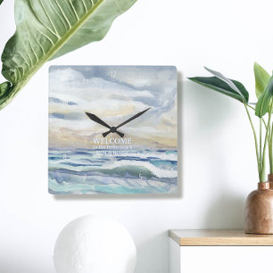 Ocean Wave Waterverf Strand Kustwoning Decor Vierkante Klok