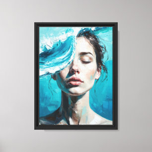 Ocean Wave Woman in Abstract Blue Serenity Canvas Afdruk
