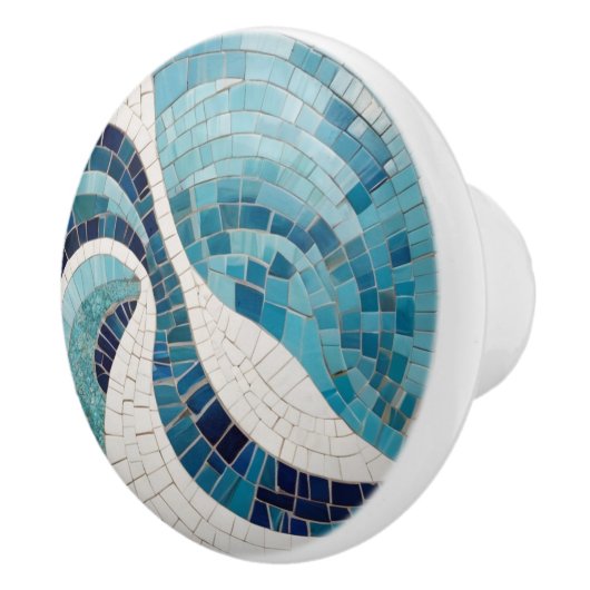 Ocean Waves Abstract Zee Blue Nautical Faux Mosaic Keramische Knop (Rechts)