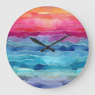 Ocean Waves Aquarel Rainbow Geïnspireerde streep Grote Klok