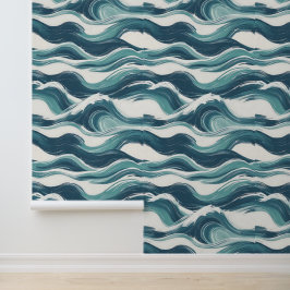 Ocean Waves Artistic Blauwgroen Blauw Wit Verwijde Behang