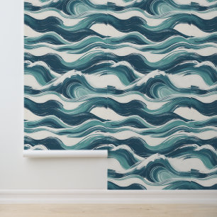 Ocean Waves Artistic Blauwgroen Blauw Wit Verwijde Behang