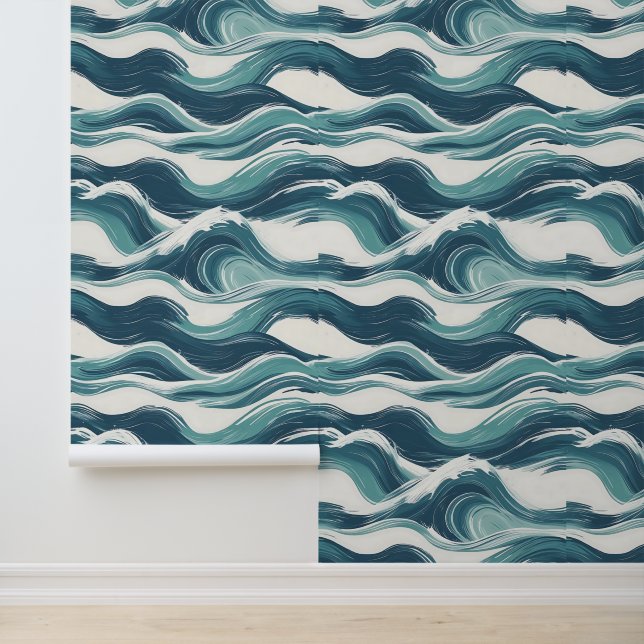 Ocean Waves Artistic Blauwgroen Blauw Wit Verwijde Behang (Applicatie)