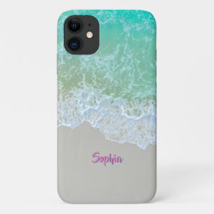 Ocean Waves, Beach Sand, Roze Script Name Case-Mate iPhone Case