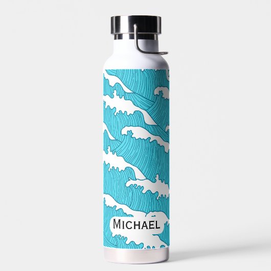 Ocean Waves Blue Pattern Aangepaste naam waterflac Waterfles (Links)