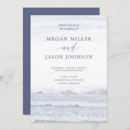 Ocean Waves, Blue, White Waterverf Wedding Kaart