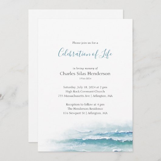 Ocean Waves Celebration of Life Invitation Kaart (Voorkant / Achterkant)