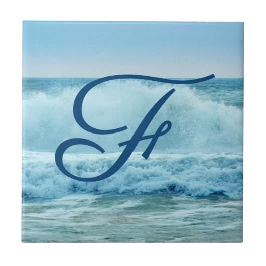 Ocean Waves Crashing Beach Coastal Monogram Tegeltje (Voorkant)