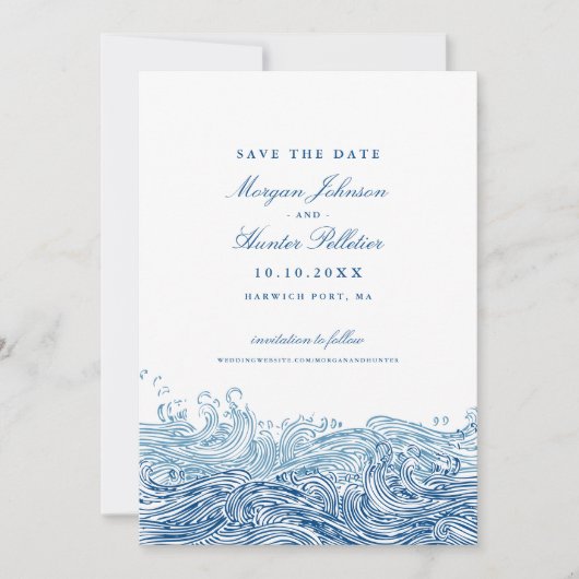 Ocean Waves Elegante Navy Bruiloft Save The Date (Voorkant)