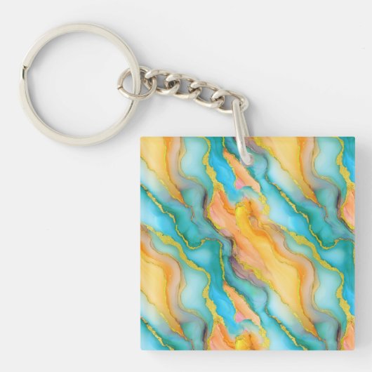  Ocean Waves in Teal and Yellow-Orange Pattern Sleutelhanger (voorkant)