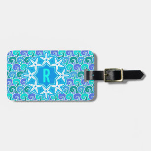 Ocean Waves Nautical Beach Starfish Monogram blauw Bagagelabel