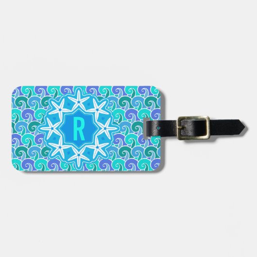 Ocean Waves Nautical Beach Starfish Monogram blauw Bagagelabel (Voorkant horizontaal)