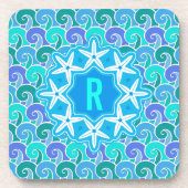 Ocean Waves Nautical Beach Starfish Monogram blauw Bier Onderzetter (Voorkant)