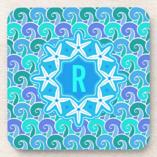 Ocean Waves Nautical Beach Starfish Monogram blauw Bier Onderzetter