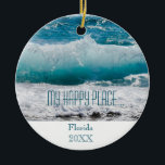 Ocean Waves Ornament Dated<br><div class="desc">Kerst ornament. Beach Waves. Oceaan. Typografie. 'Mijn gelukkige plaats' Vacation Place and Year.</div>