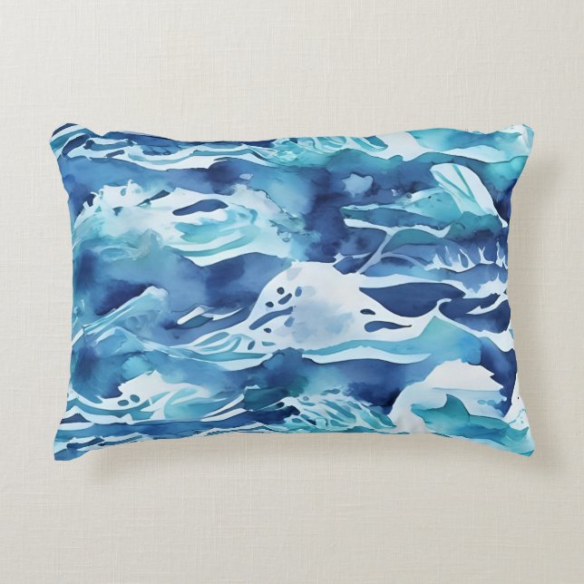 Ocean Waves | Teal Watercolor Aqua Blue Accent Kussen (Voorkant)