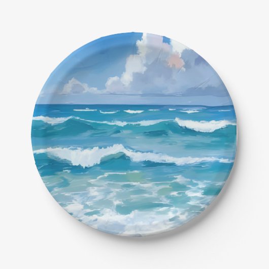 Ocean Waves Waterverf Beach Kustbruiloft Papieren Bordje (Voorkant)