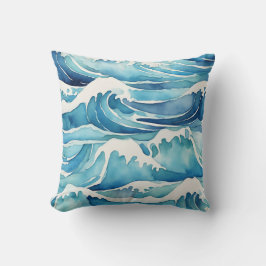 Ocean Waves Waterverf Blue Beachy Coast Kussen