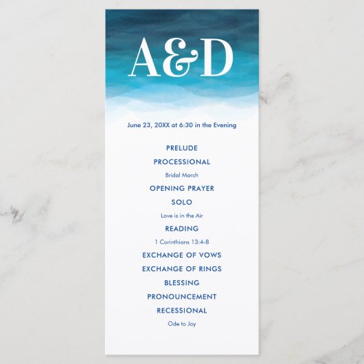 Ocean Waves Waterverf bruiloft programma, blauw Programmakaart (Voorkant)