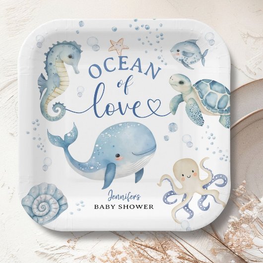 Ocean Whale Baby Shower Boy Blue  Papieren Bordje