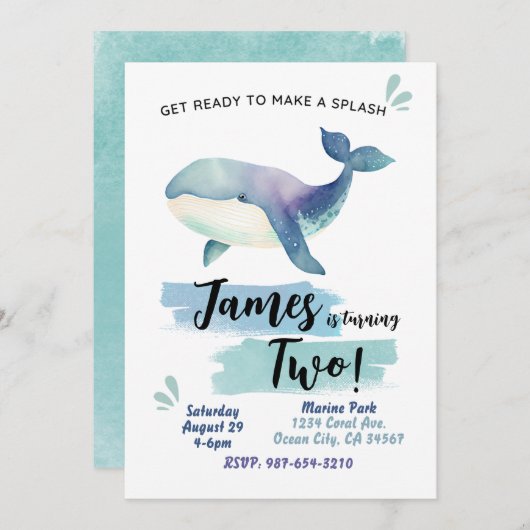 Ocean Whale Verjaardag Uitnodiging Blauwe Marine S (Voorkant / Achterkant)