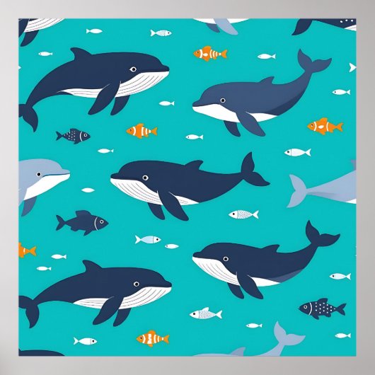 Ocean Whales Dolphins Pattern Poster (Voorkant)