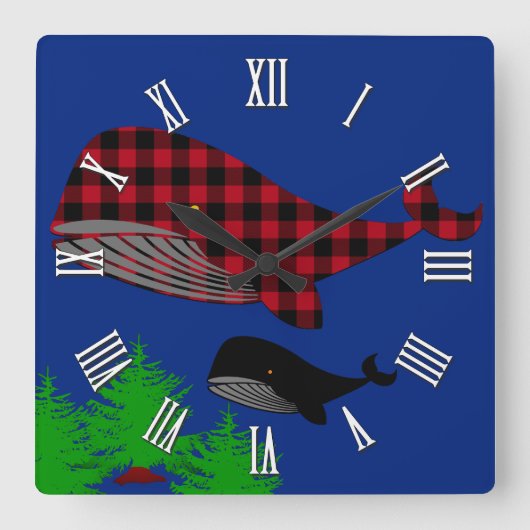 Ocean Whales fantasy, buffalo plaid whale, bomen Vierkante Klok (Voorkant)