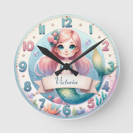 Ocean Whimsy Mermaid Clock Ronde Klok (Voorkant)
